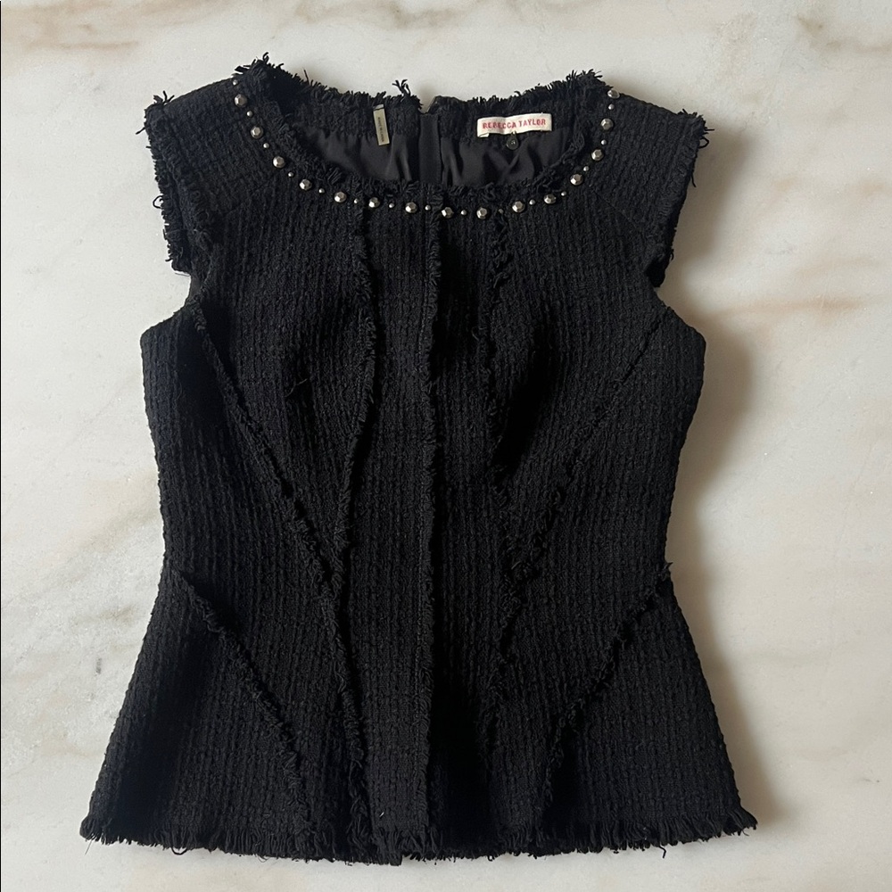 Rebecca Taylor Black Peplum Tweed Textured Sleeveless Top
